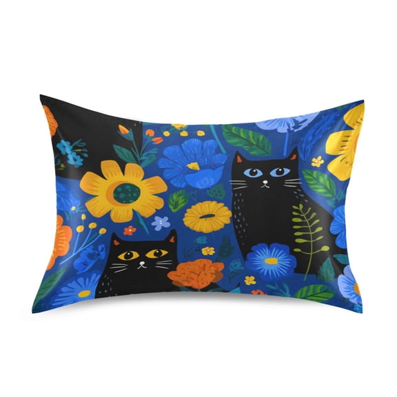 Cute Black Cats in Colorful Flowers Satin Pillowcase Envelope Design Pillow Covers 1 Pack Standard Size 20" x 26"