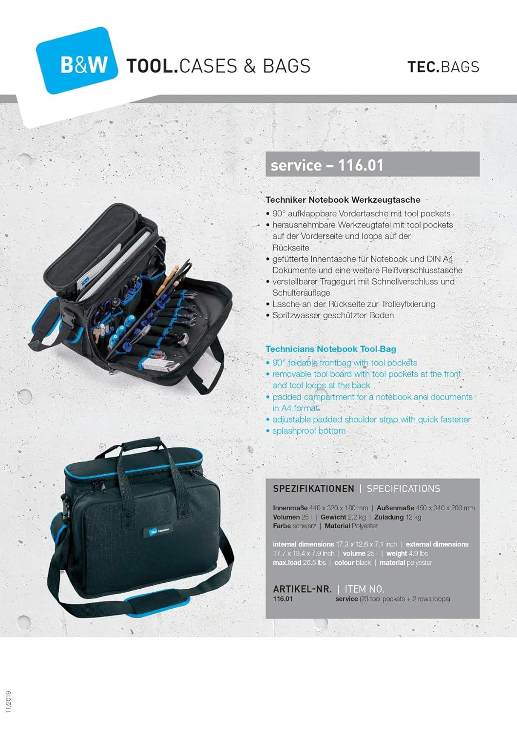 B&W International TUC-11601 Technician Notebook Tool Bag with Pocket Pallets,Black