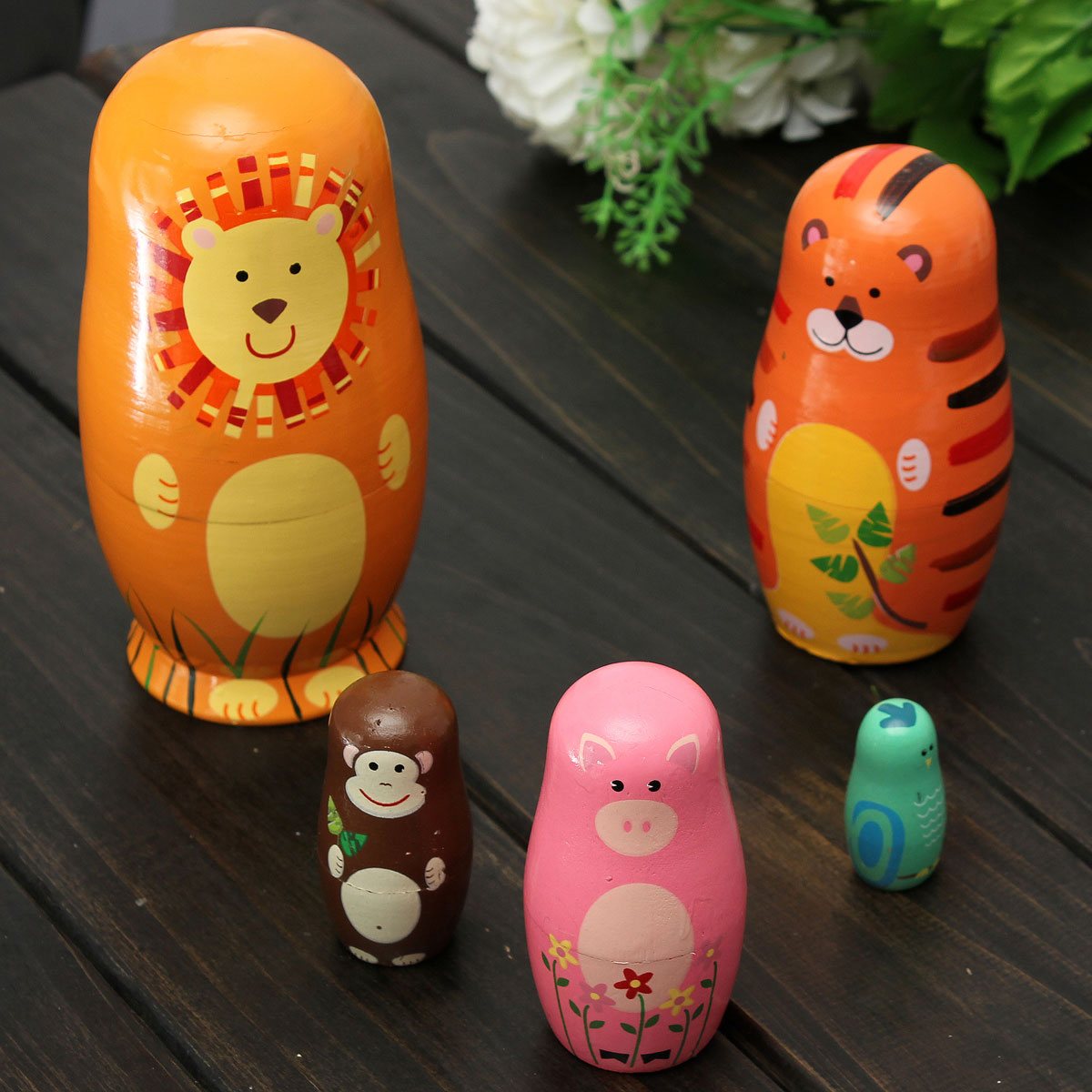 Set Of 5pcs Lovely Wooden Nesting Dolls Matryoshka Animal Russian Doll