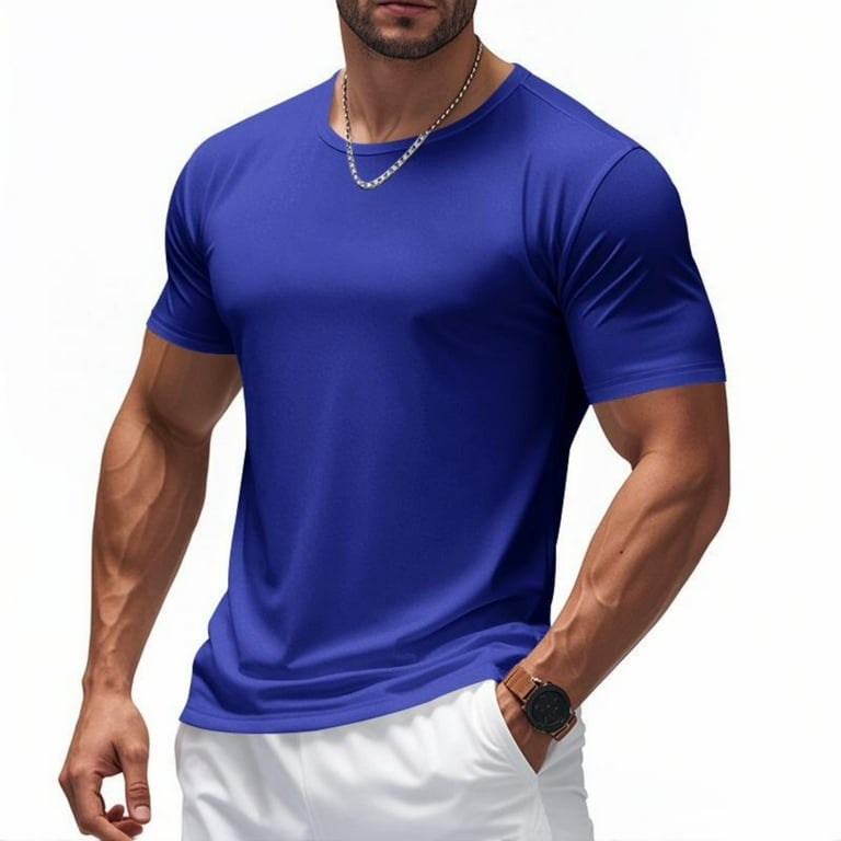 ALUS Men's Short Sleeve Crew Neck T-Shirt - 95% Cotton 5% Elastane Basic Tee
