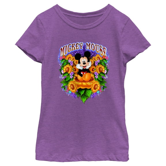 Girl's Mickey & Friends Colorful Sunflower Field Graphic Tee Purple Berry X Large