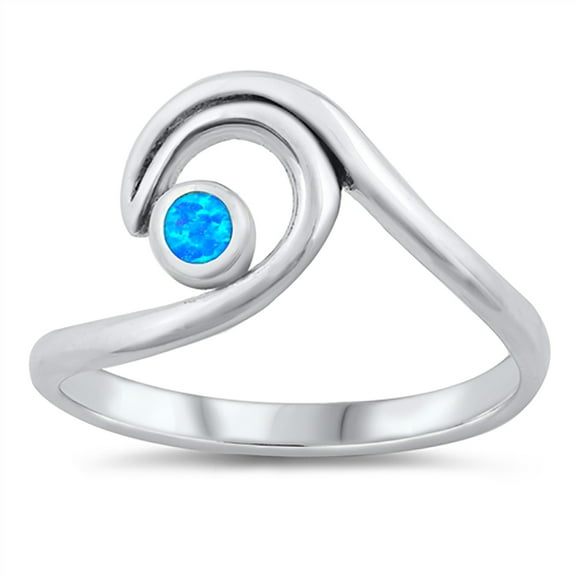 Round Blue Simulated Opal Surfing Wave Ring Sterling Silver Size 6