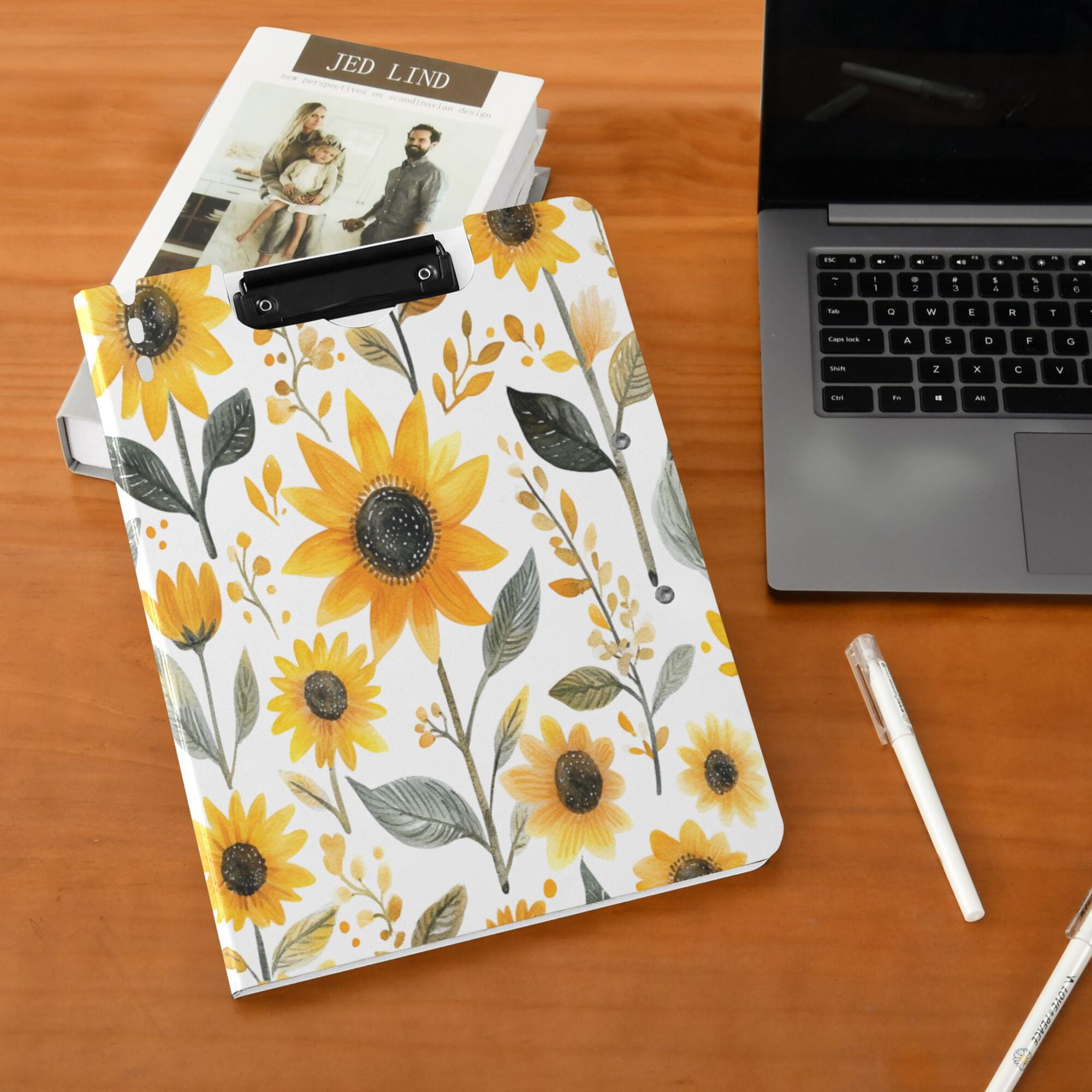 FORMRS A4 Clipboard Folder with Pen Holder Horizontal Foldable School Office Binder, White Watercolor Sunflowers