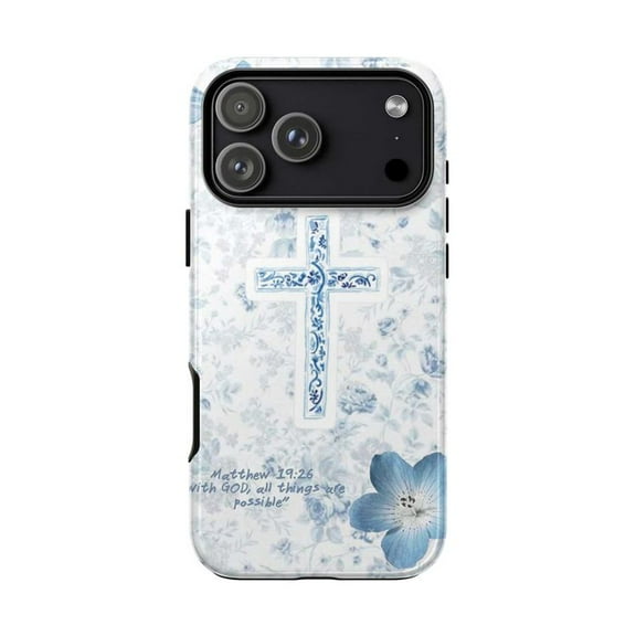 Matthew 19:26 Bible Verse Phone Case for iPhone 17-11 Pro Max/Plus/Mini, Blue Floral Cross Christian Cover