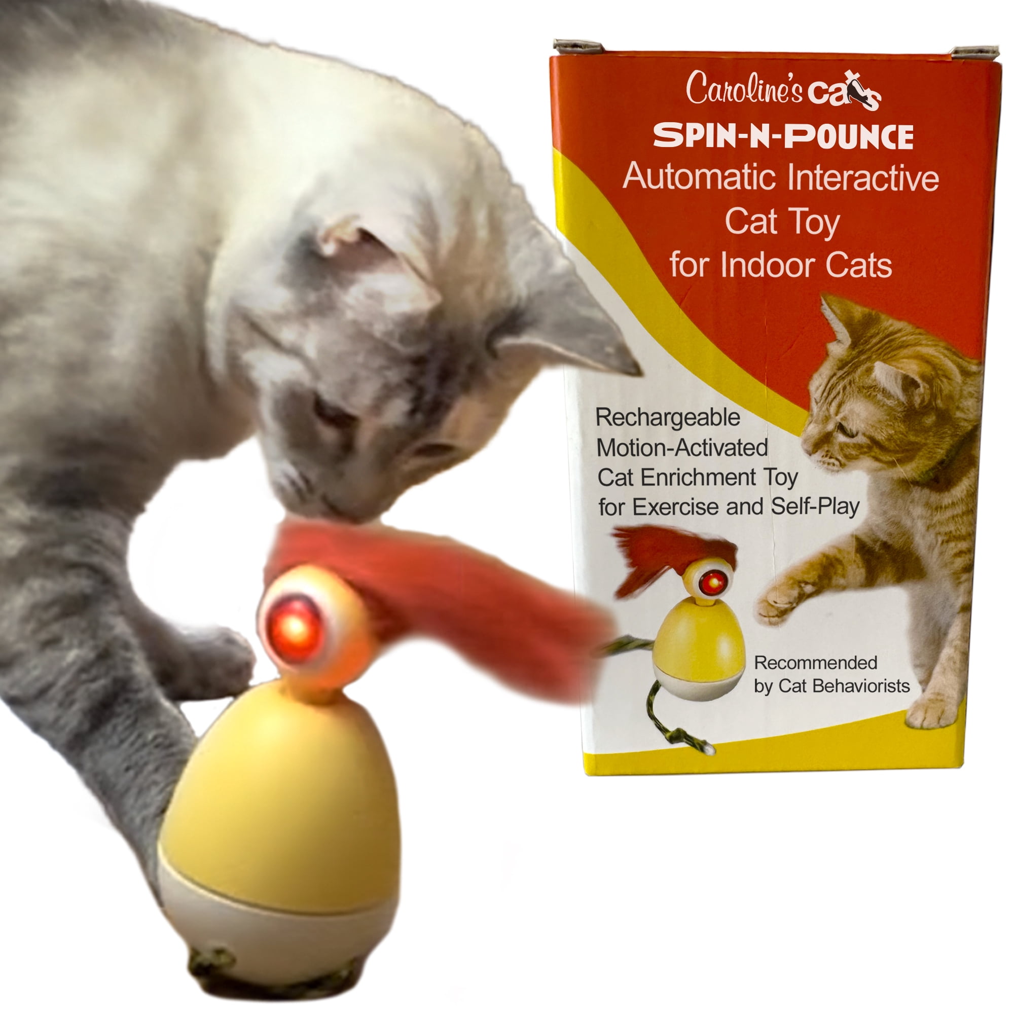 Caroline’s Cats Spin-N-Pounce Rechargeable Automatic Cat Toy, Motion Activated 360° Spinning Toy for Indoor Cats, Self Play Exercise & Enrichment Toy for Bored Cats