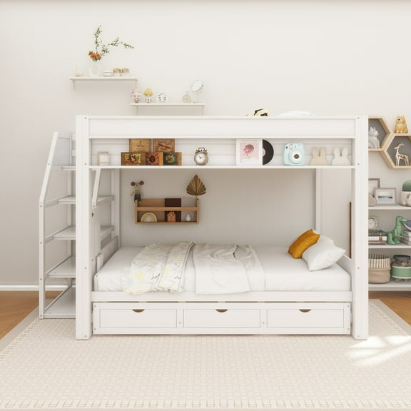 Wood Full Size Convertible Bunk Bed with Storage Staircase, Bedside Table, and 3 Drawers, White