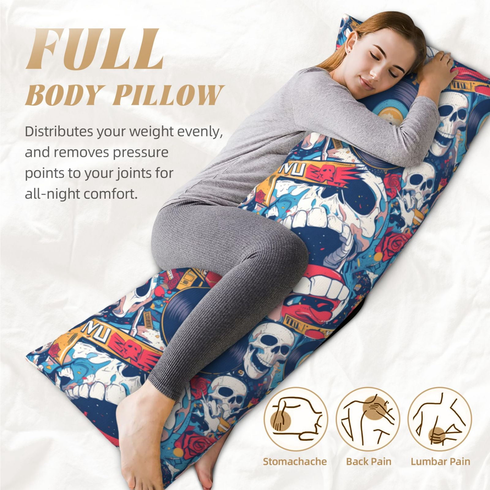 Naloa cool rock Skull Super Soft 20x60 Body Pillow Case,Long Side Hidden Zipper（PILLOWS ARE NOT INCLUDED）