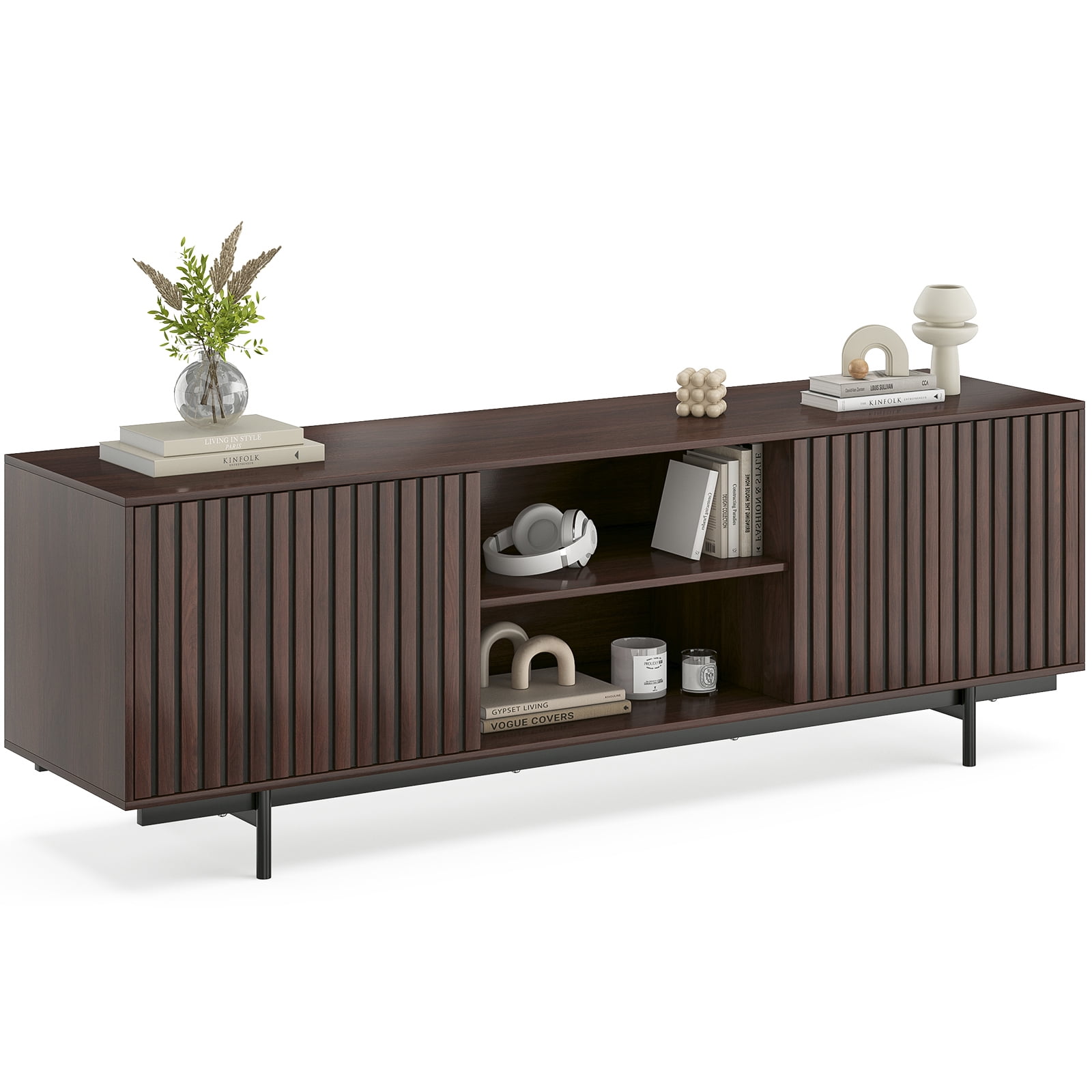 Hommoo Mid Century Modern TV Stand Up to 75", Farmhouse Fluted TV Stand, Retro Wood TV Stand with Storage and Shelf, Entertainment Center with Pop-Up Doors for Home, Dark Walnut