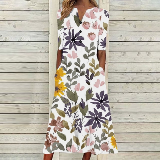 SMihono Robe Bohème d'Été pour Femmes Grande Taille Mode Femmes Été Imprimé Décontracté Col en V Bouton Manches Courtes Vacances Poches Robe