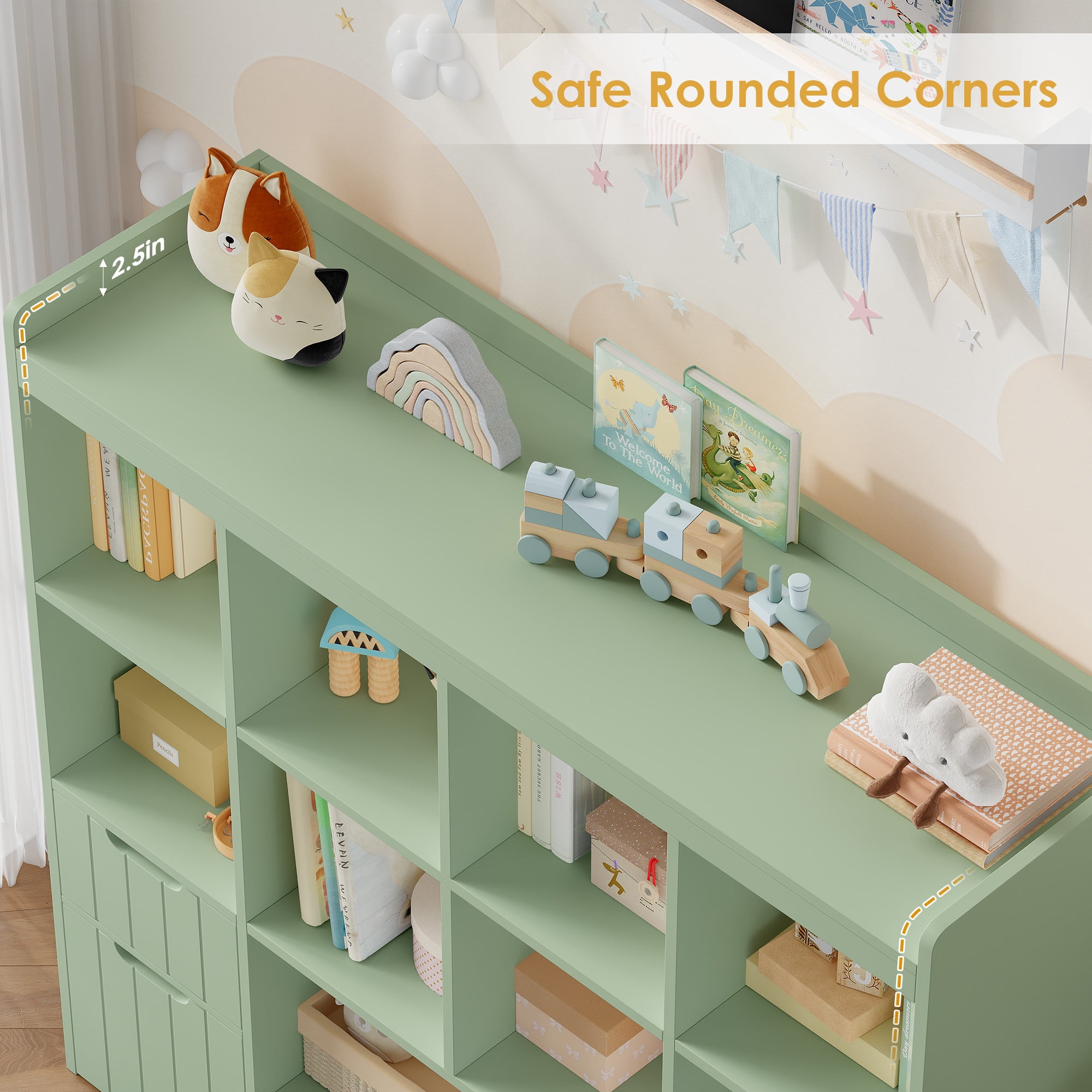 Homfa Kids Toy Storage Organizer with Cubby, Kids Toy Storage Chest with Removable Drawers, Kids Bookcase for Playroom Bedroom Living Room, Green