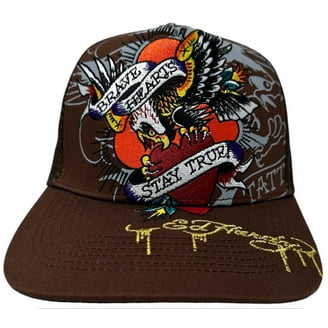Ed Hardy Cotton Heart Skull Trucker Hat with Rhinestones in Pink