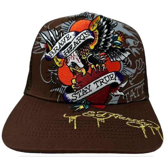 Ed Hardy Trucker Hat Embroidered Tattoo Brave Eagle Brown Mesh Snapback Cap