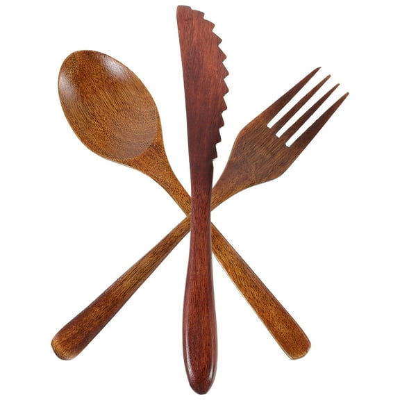 Wooden Cutlery Set Spoon Fork Cutter Condiments Salt Eating Utensils Travel Household