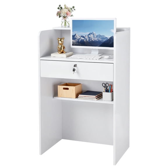 VEVOR Reception Desk, 23.6 inch Rectangular Front Counter Table, Modern Office Reception Desk with Drawer, Small Minimalist Retail Counter Table for Checkout, Lobby, Beauty Salon and Office, White