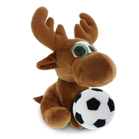 DolliBu Sparkle Eyes Moose Stuffed Animal with Soccer Ball Plush - Soft Huggable Moose, Adorable Playtime Plush Toy, Wild Life Gift, Super Soft Plush Doll Animal Toy for Kids and Adults - 6.5 Inches