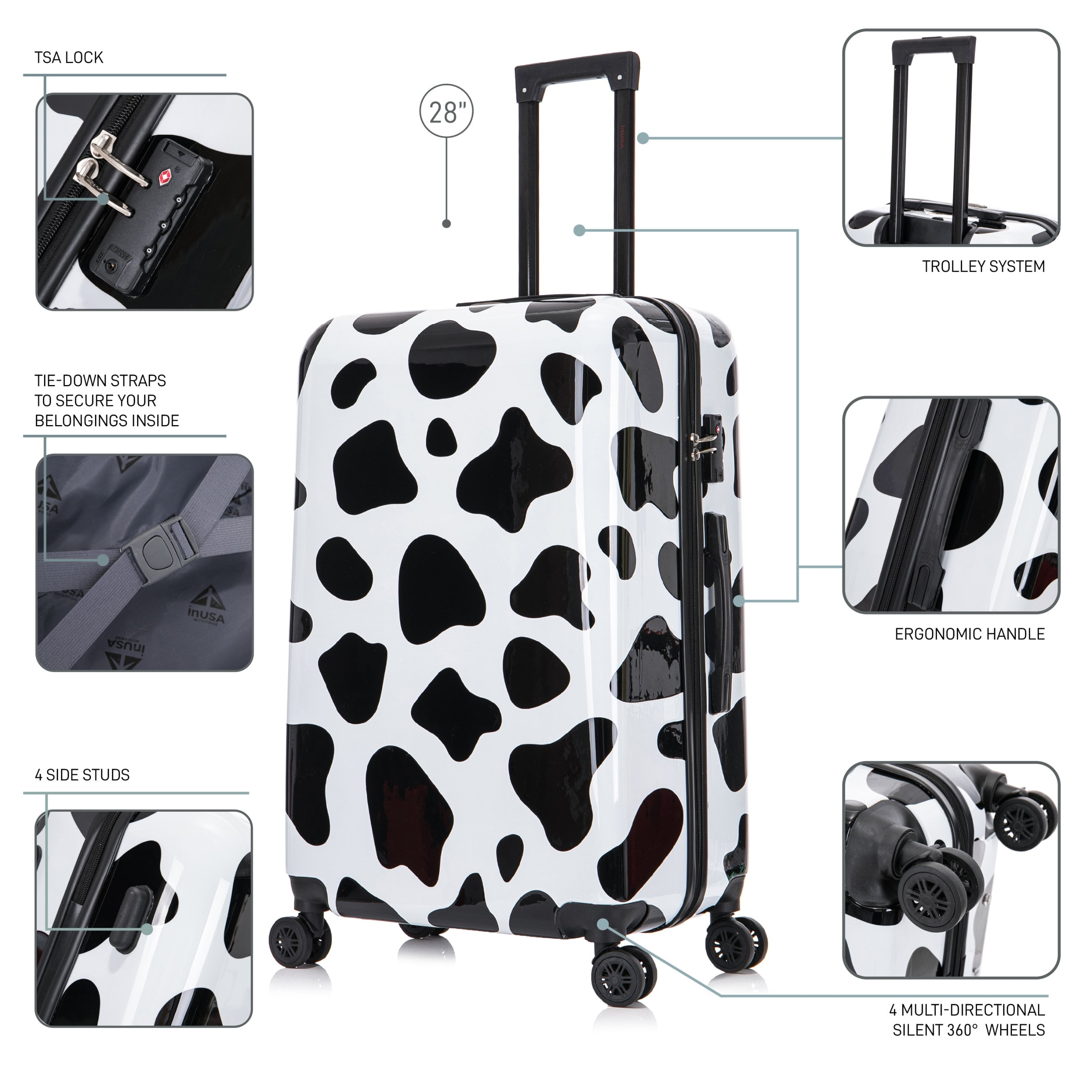 InUSA Print 28" Hardside Lightweight Luggage with Spinner Wheels, Handle and Trolley, Cow