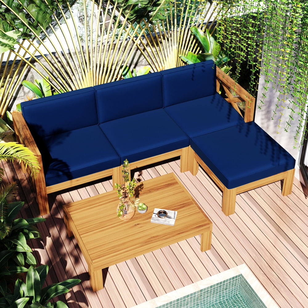 Outdoor Furniture Set Yofe 5 Piece Acacia Wood Patio Dining Set For Garden Pool Patio Sectional Sofa Set W 2 Corner Sofa 1 Armless Sofa 1 Ottoman 1 Tea Table Blue Cushions Pillows Brown