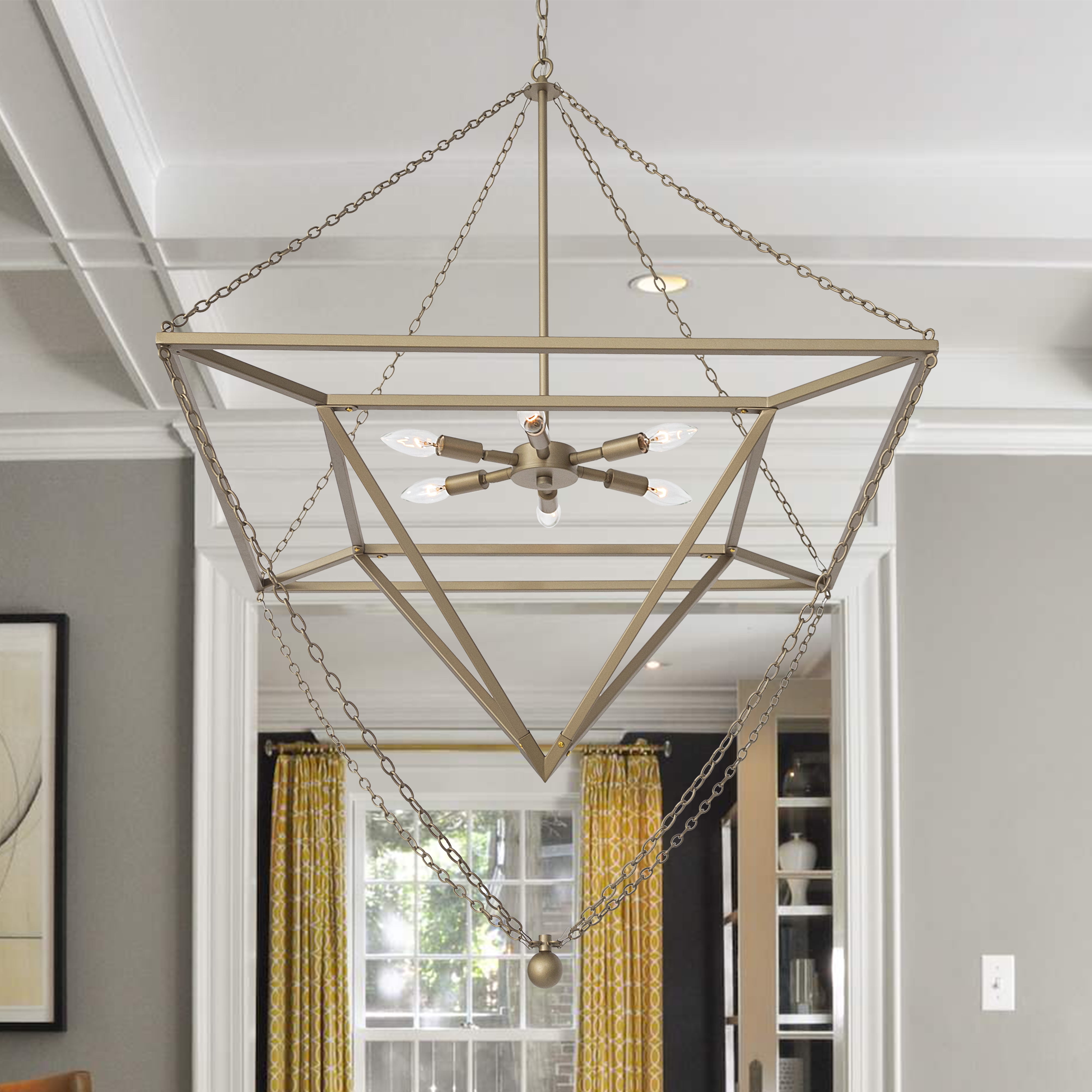 Brass Geometric 6-Light Candle Chandelier with Adjustable Chain