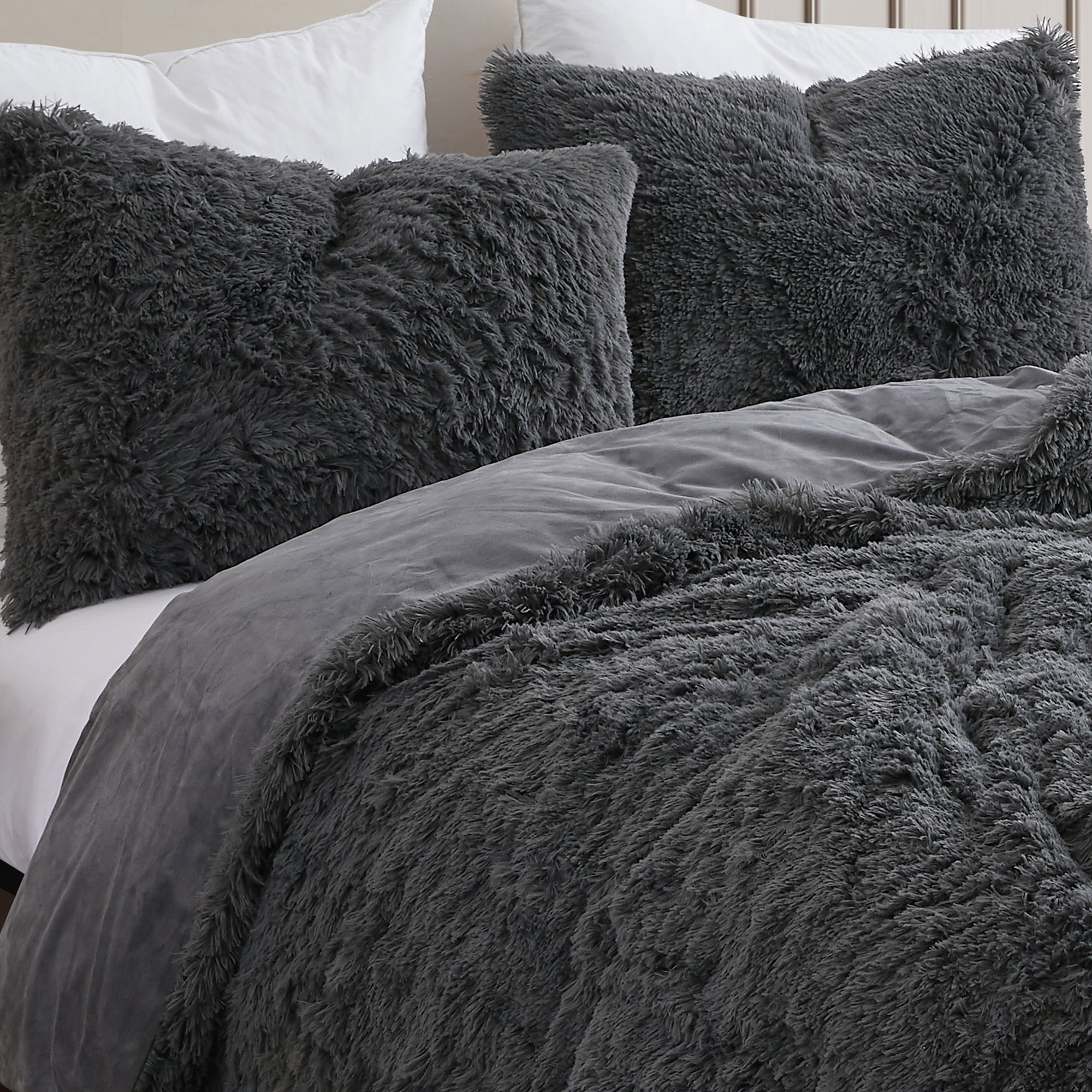 Sweet Home Collection Long Faux Fur Plush 3-Piece Microfiber Comforter Bedding Set - Dark Gray, Queen