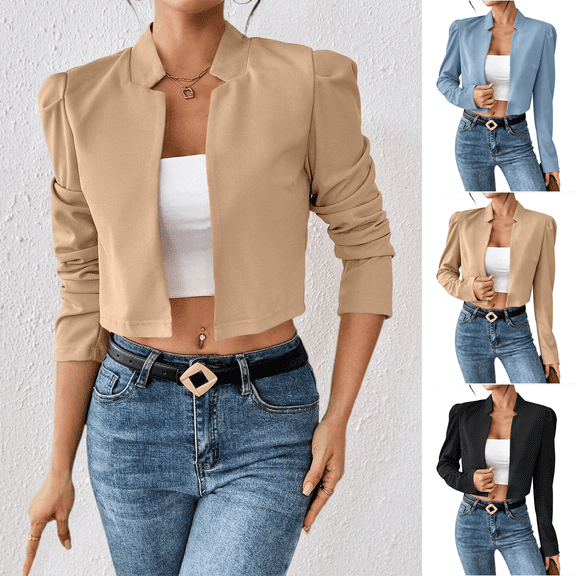 Dvprdro Open Front Blazer for Women Cropped Length Long Sleeve Stand Collar Light weight Work Jacket Solid