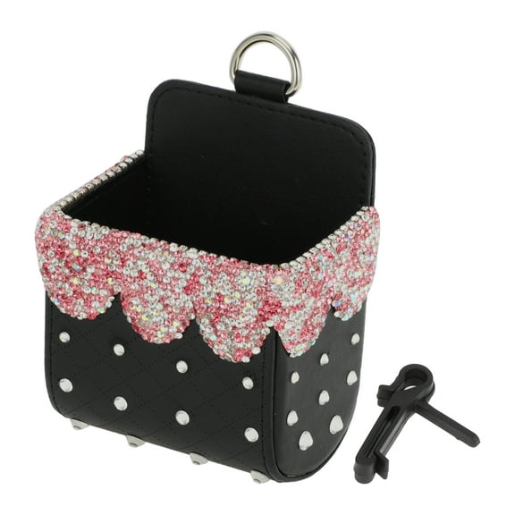 Unique Bargains Universal 3.5" Length 2.4" Width 4.7" Height Car Trash Can Hanging Trash Bin Faux Leather Rhinestones 1Pcs Black Pink
