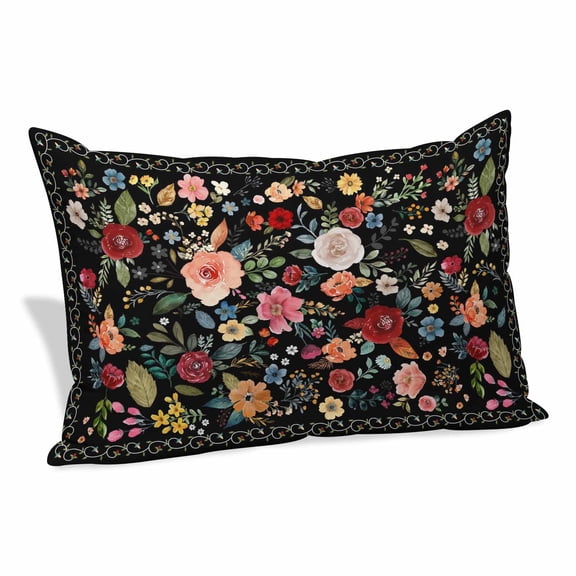 Colorful Flowers Square Throw Pillow Covers Spring Vintage Watercolor Floral Leaves Black Decorative Lumbar Pillow Cover Rectangle Cushion Case for Sofa Couch Bed Living Room Bedroom 16 X 24 Inches