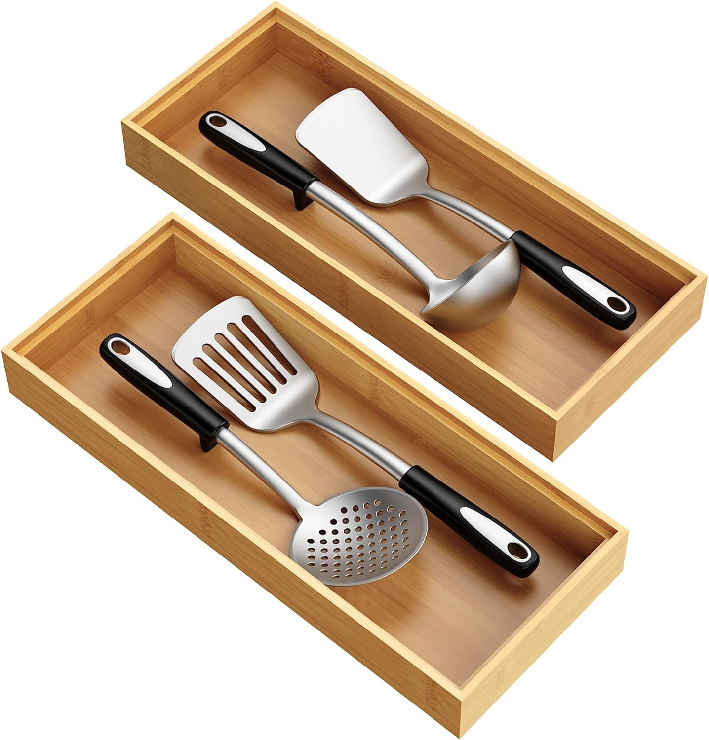 RGHJAR-Bamboo Drawer Organizer, Stackable Utensil Trays for Kitchen, Wood Silverware Organizer for Drawer, Set of 2-15"x6"x2"