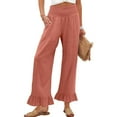 thumbnail image 6 of QATAINLAV Summer Linen Beach Pants for Women Fashion Ruffle Hem Palazzo Pants Loose Flowy Wide Leg Lounge Pant Trousers with Pockets Orange S, 6 of 8