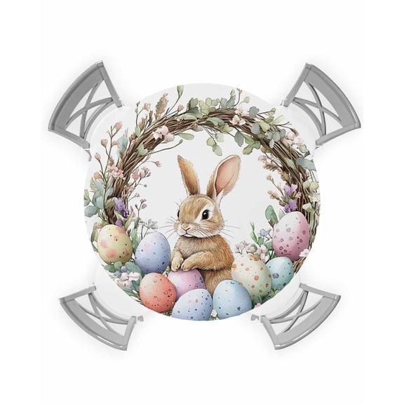 nqOlkjepod Bunny Easter Round Tablecloth, Fitted Table Cover with Elastic for 45"-54" Round Tables, Spring Floral Botanical Wreath Eggs Table Cloth Outdoor Dinning Party Waterproof Tablecloths