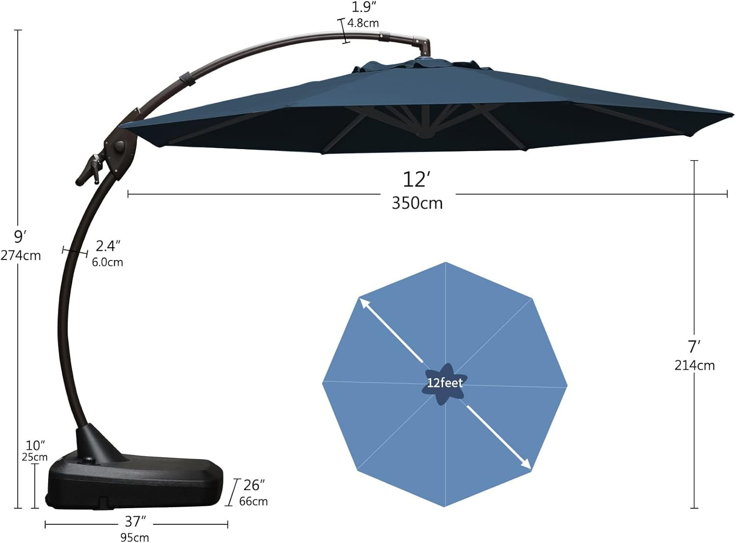 GRANDPATIO Napoli SUNBRELLA 12Ft Round Canteliver Patio Umbrella with Base, Canvas Sapphire Blue