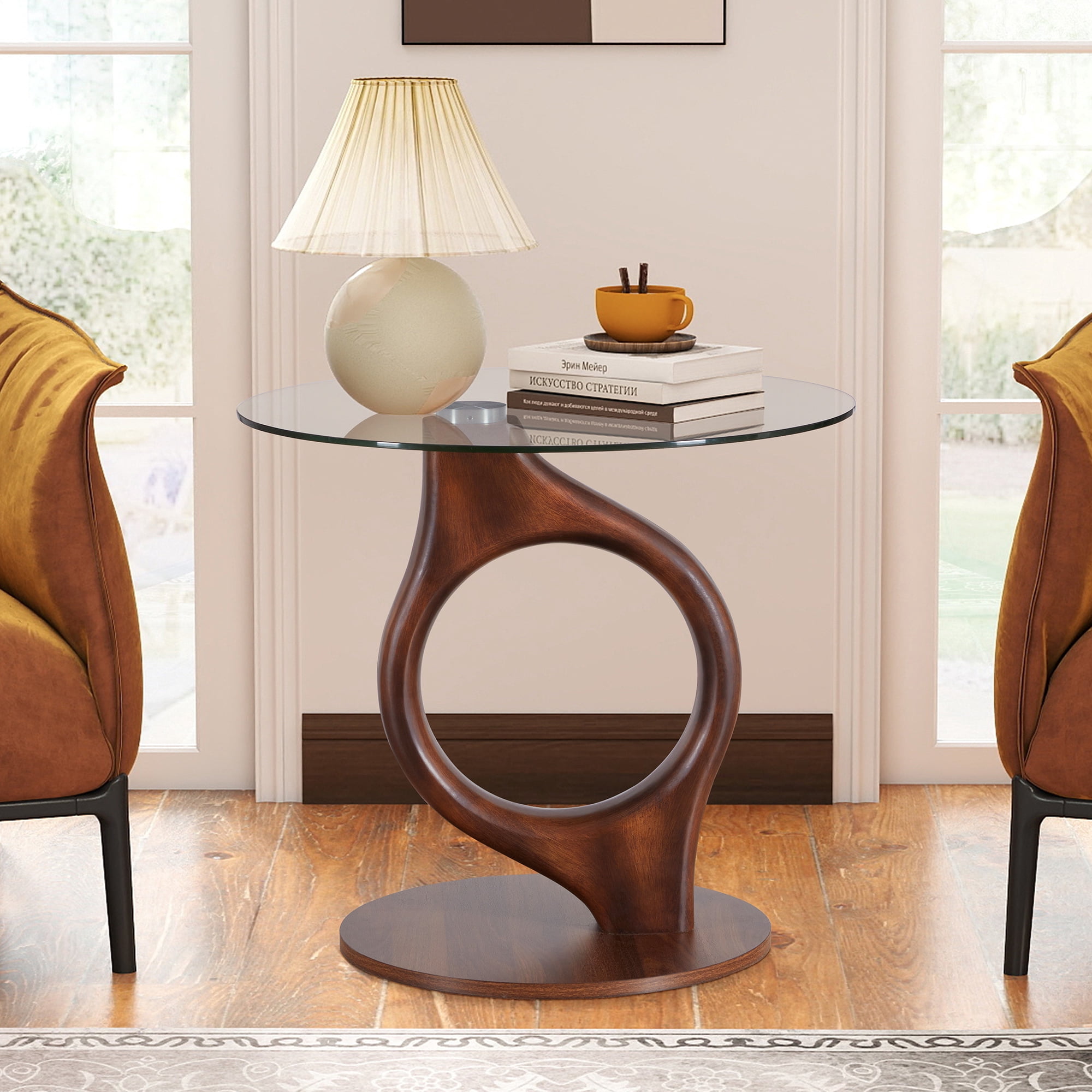 Wirrytor 27.55" Round Glass Coffee Table, Mid-Century Modern Side Table with Wood Base and Tempered Glass Top, Brown