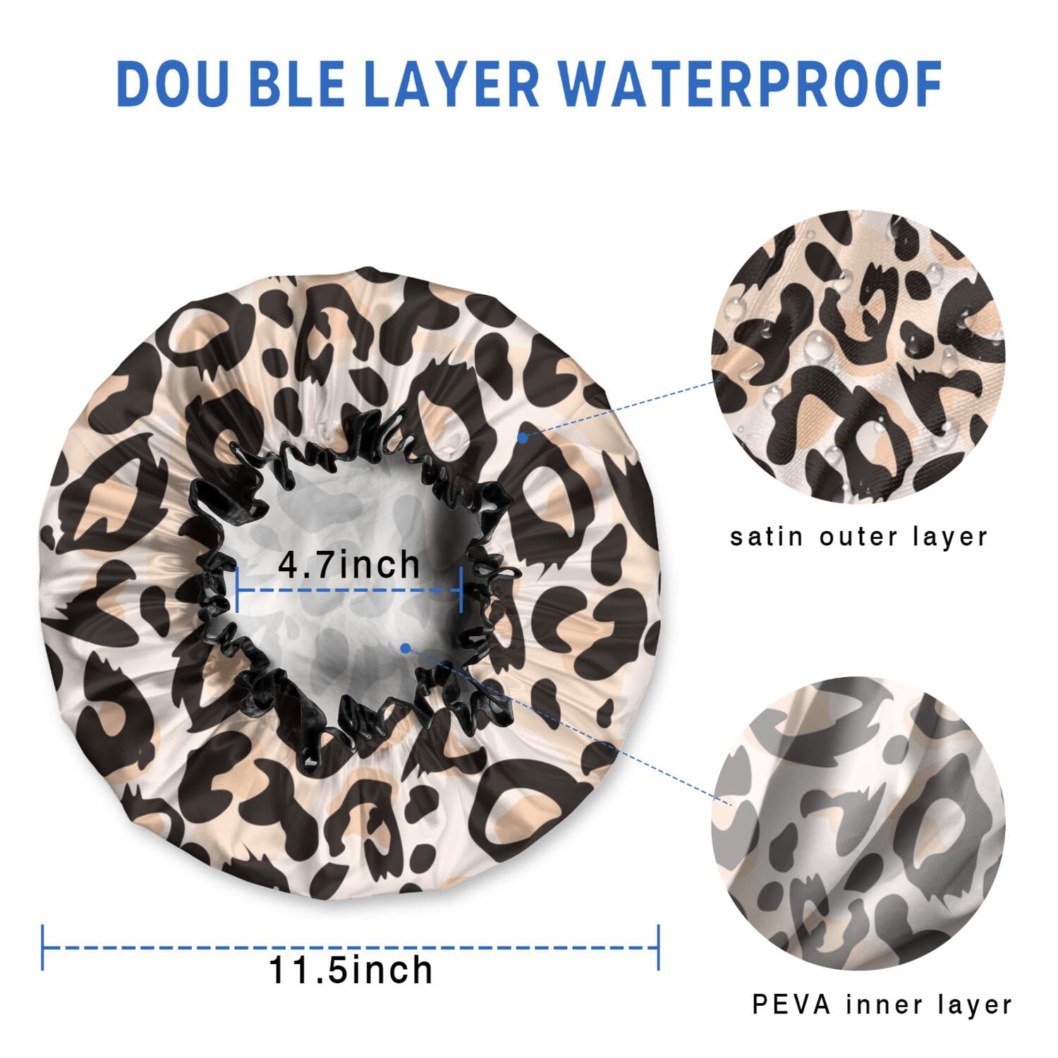 Shower Caps,Beige and Black Of Leopard Print Waterproof Shower Cap for Women 4 Pieces,Double Reusable Hair Cover for Shower PEVA Elastic Stretch Hem