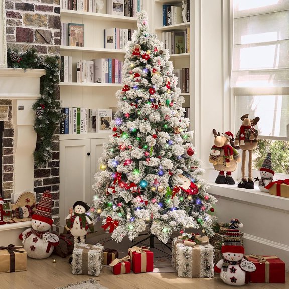 Flocked Christmas Tree Prelit 7.5ft, Snow Flocked Pine Christmas Tree with 1450 PVC Hinged Branch, 600 LED Lights Warm & Multicolor for Home, Office, Party, Metal Stand