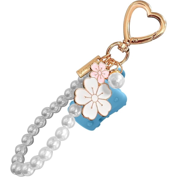 Lip Balm Holder Keychain with Pearl Wrist Loop, Flower Charms and Heart Clip for Bags and Keys