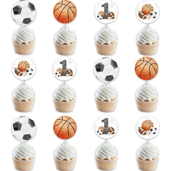 Sports 1st Birthday Cupcake Toppers Sports 1st Birthday Decorations Watercolor Football Soccer Basketball Rugby Cupcake Topper Sports Theme 1st Birthday Party Decor Sports Game Birthday Party Supplies
