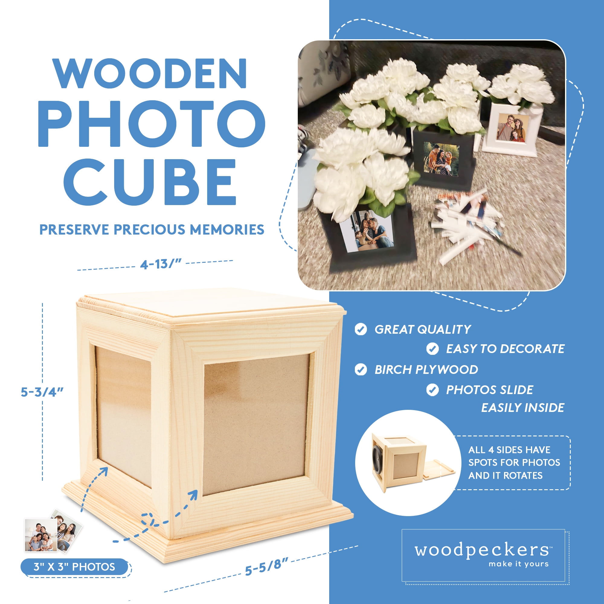 Wooden Photo Cube 5-5/8 x 4-13/16, Pack of 5 Unfinished Keepsake Boxes  with Photo Frames for Crafts and Decor, by Woodpeckers