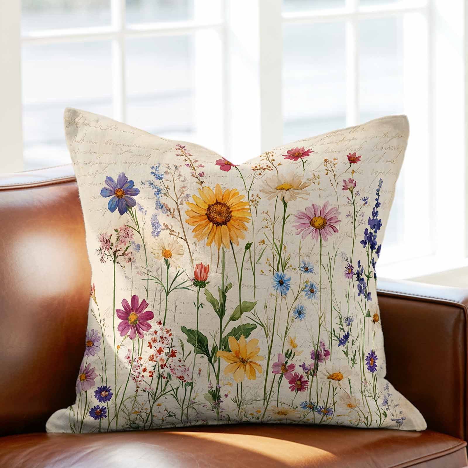 Spring Floral Pillow Covers 18x18 Inch, Vintage Pastoral Rustic Botanical Flowers Linen Pillowcase with Invisible Zipper, Decorative Throw Pillow Covers Cushion Case for Couch Sofa Bed Living Room
