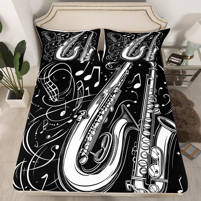 Music Queen Bed Sheets Retro Saxophone Instrument Fitted Sheet,Adults Woman Men Music Notes Sheets for Kids Boys Girls Jazz Saxophone Musical Bed Set,Black(No Top Sheet)