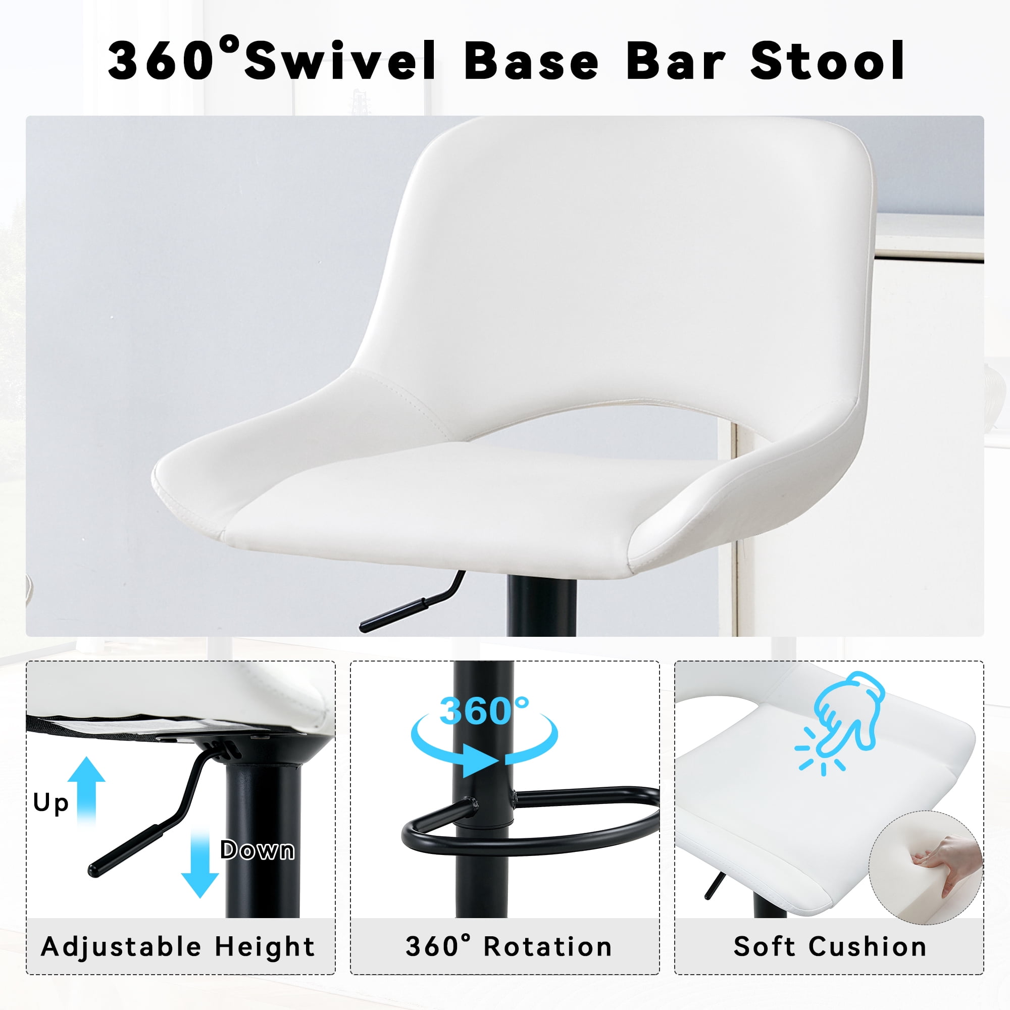 Mintazer Modern Bar Stools Set of 2, 360° Swivel PU Leather Bar Chairs with Circular Footrest & Adjustable Height, Counter Height Stools for Kitchen Island & Home Bar, White