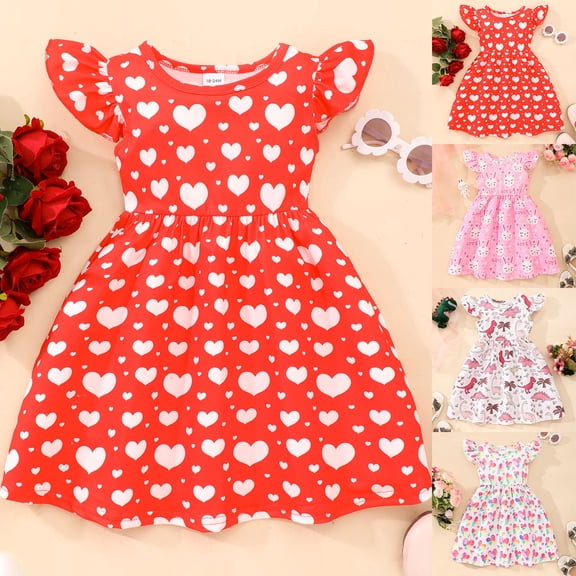 CAIXIA Valentines Baby Girl Outfit Toddler Girls Valentine's Day Outfit Fly Sleeve Heart Print Dress Cute Ruffle Party Dance Dress