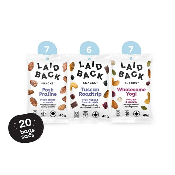 Laid Back Snacks Mix Variety Pack (Posh Praline, Tuscan Roadtrip, Wholesome Yogi), 20 x 45 g