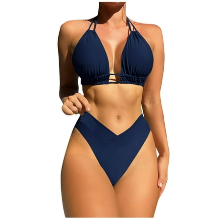 ZQGJB Cheeky High Cut Triangle Bikini Sets for Women Cute Halter Top Swimsuits Tummy Control 2 Piece Bathing Suit(Navy S)