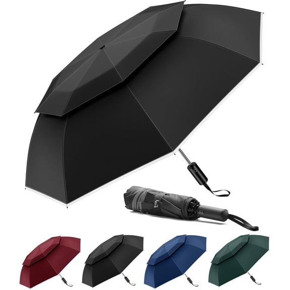 Travel Umbrella Compact Windproof - Vented Double Canopy Umbrellas for Rain, Portable Umbrella Inverted Automatic Open Close with Reflective Strip
