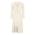 thumbnail image 7 of VEKDONE Women's Maxi Dress Long Sleeve Button Down V Neck Vintage Dress Casual Ruffle Hem Side Split Western Long Dress Solid Color Slim Fit Dresses Beige S, 7 of 7