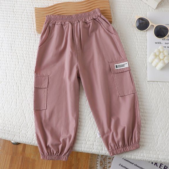 Hotiary Boys and Girls Cargo Pants Spring and Autumn Solid Color Cotton Casual Pants 18M-5T Elastic Waist Loose Pants