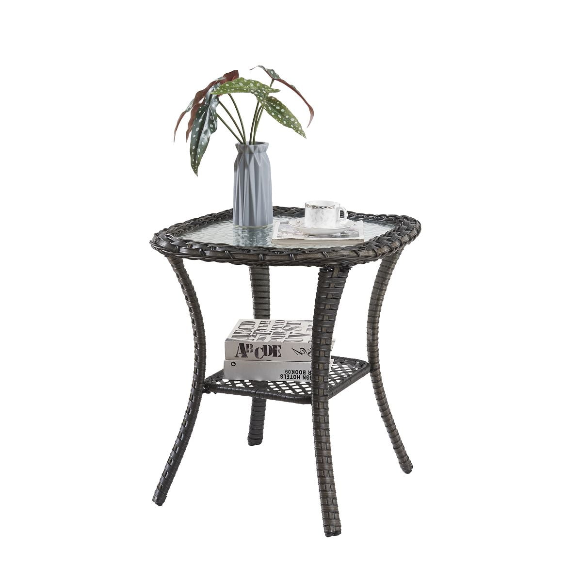 PARKWELL Patio Square Wicker End Table , Glass Top Side Table with