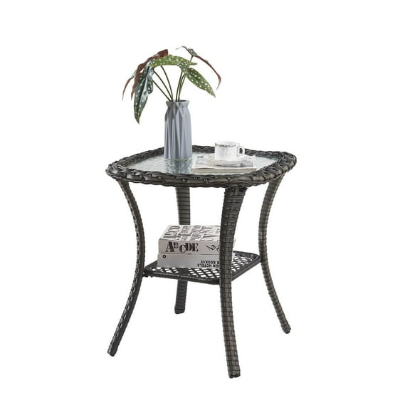 PARKWELL Patio Square Wicker End Table - Glass Top Side Table with Storage - Grey