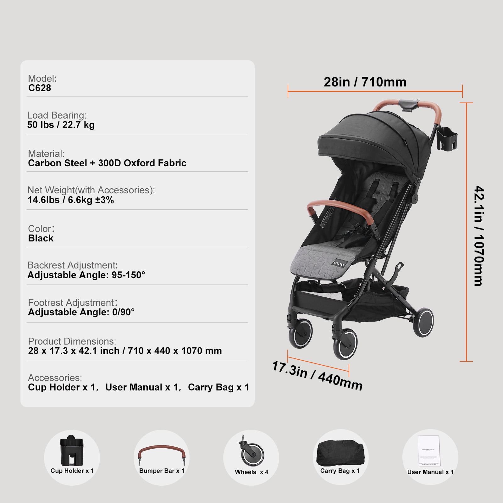 KFFKFF Baby Stroller, One-click Folding Umbrella Stroller Lightweight Travel Stroller for Newborn Baby, Black
