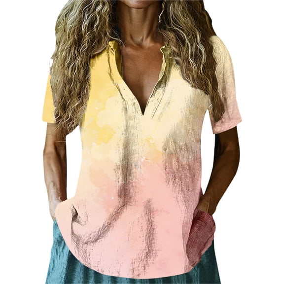 MEICHEN Womens Gradient Color T Shirts Summer Short Sleeve Loose Hide Belly Tops Casual V Neck Blouse Tees