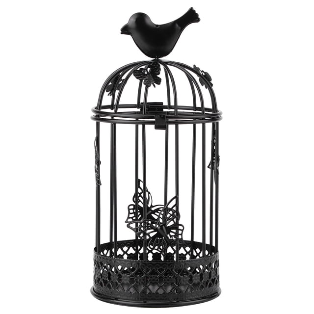 Candelabro ahuecado con forma de jaula, candelabro con decoración de pájaros para decoración del hogar, color negro